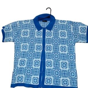 Men's Blue Patterned Oversized Knit Shirt